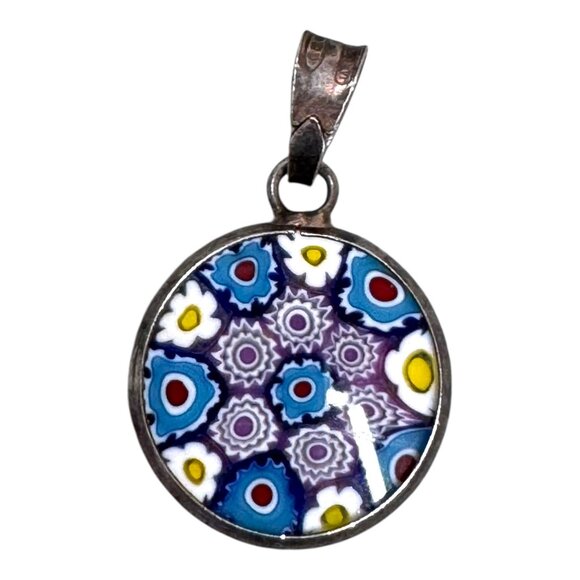 Vintage Millefiori Glass Pendant Signed CM 925 Sterling Silver Italy Flowers - Picture 3 of 7